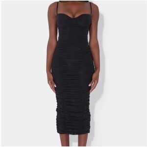 Ruched Spaghetti Strap Midi Dress - Black